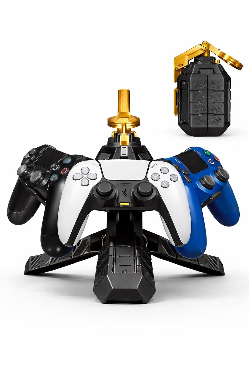 Controller Stand Grenade Design Gaming Controller Stand for Desk | Controller Holder for PS5 Xbox PC | Holds Upto 3 Gamepads | Stylish Gaming Desk Accessory Black Gold