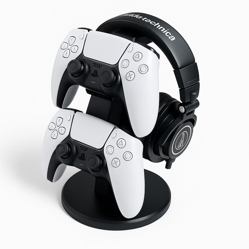 Dual Controller and Headphone Stand for PS5 - Gaming Headset Holder | Gamepad Display & Desk Organizer for Gamer Setup - PS5 Accessories - Black