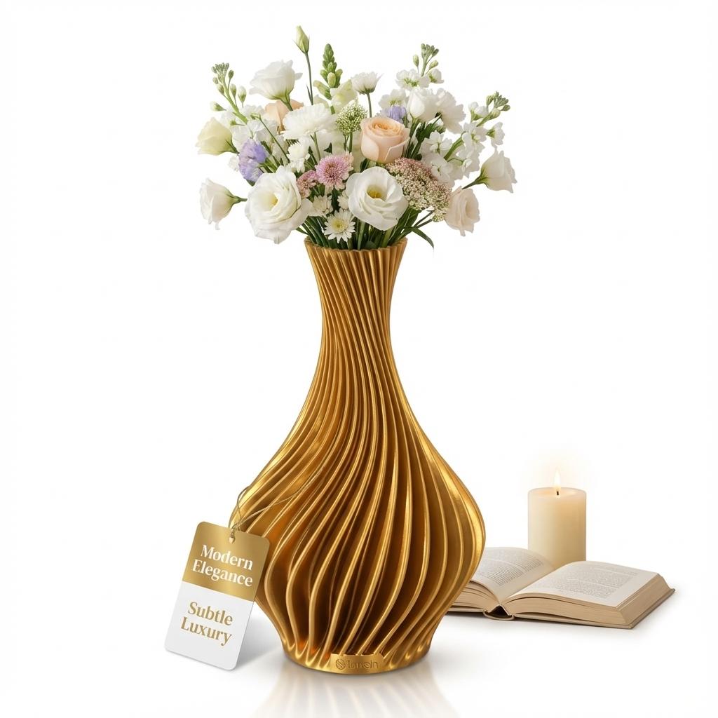 Vase for Flowers Decorative Ribbed Gold Plastic Flower Vase | Flower Vase for Living Room and Bedroom | Premium Table Top Vase for Home Decor and Dining Table Styling