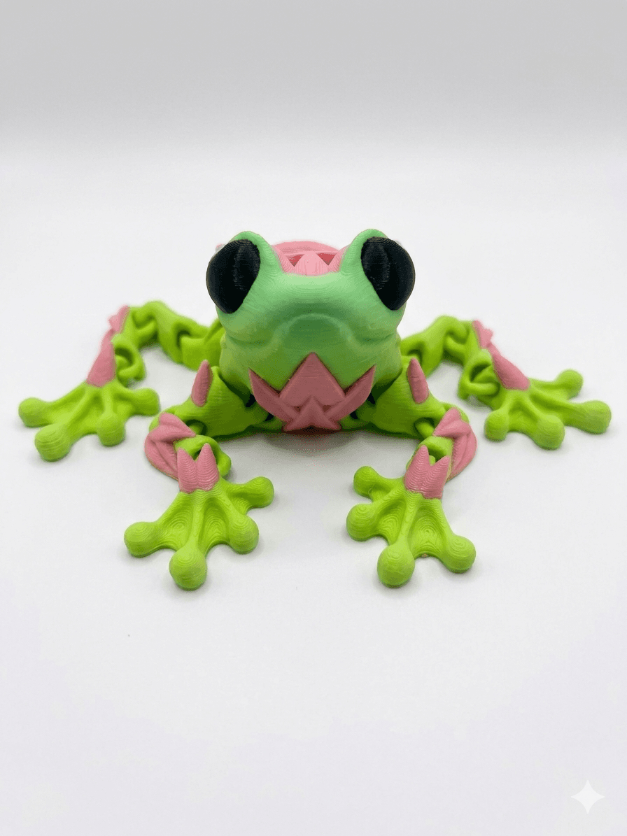 Flexible Rose Frog Toy, Articulated 3D Printed Figure, Purple Green, Movable Desk Toy, Plastic, Gift for Kids & Animal Lovers
