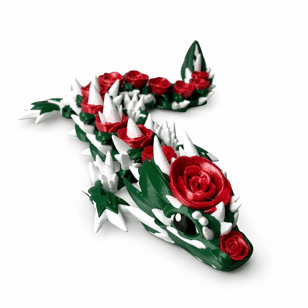 Articulated Rose Dragon Fidget Toy – Flexible 3D Printed Dragon Figure, 36 cm, Green and Rose