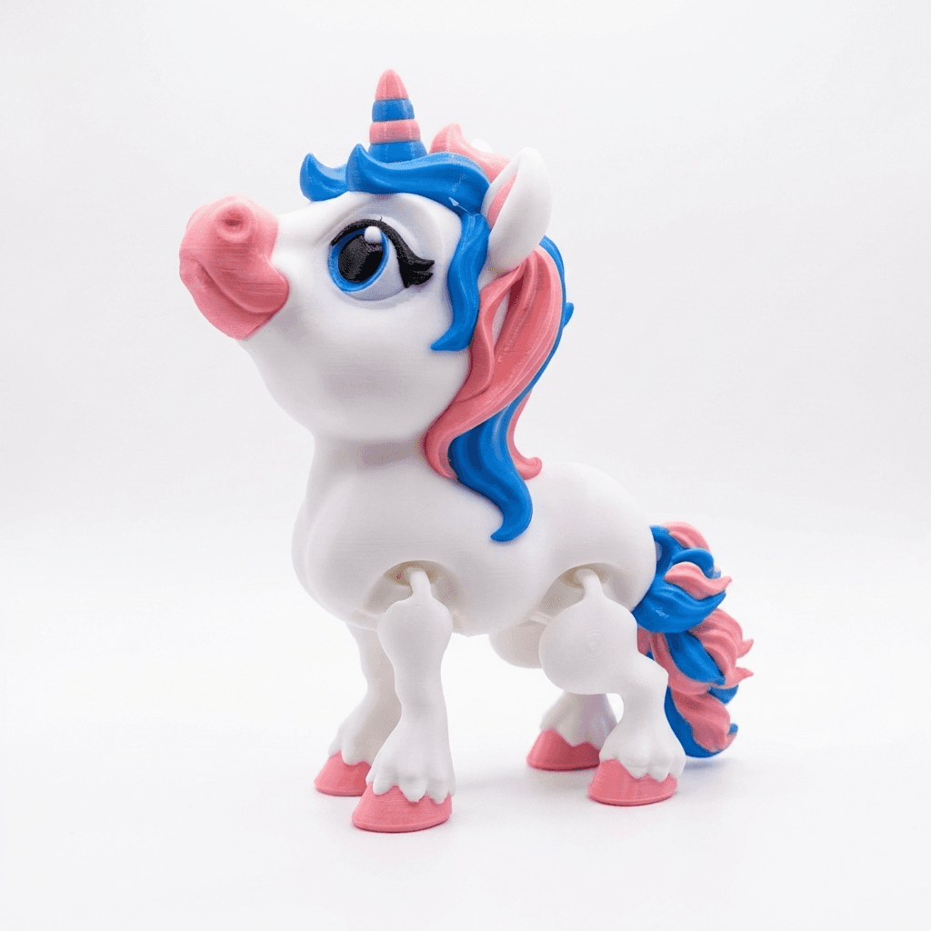 Articulated 3D Printed Unicorn Figure, Fully Flexible Fantasy Desk Toy, White with Pink and Blue Mane, Cute Collectible Gift for Kids and Unicorn Lovers